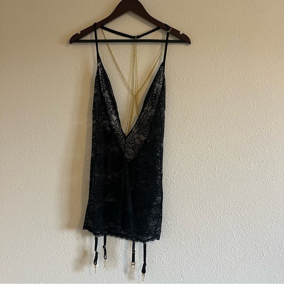 NWOT Seven 'Til Midnight Black Lace Chain Reaction Garter Chemise Set One Size - Picture 4 of 13